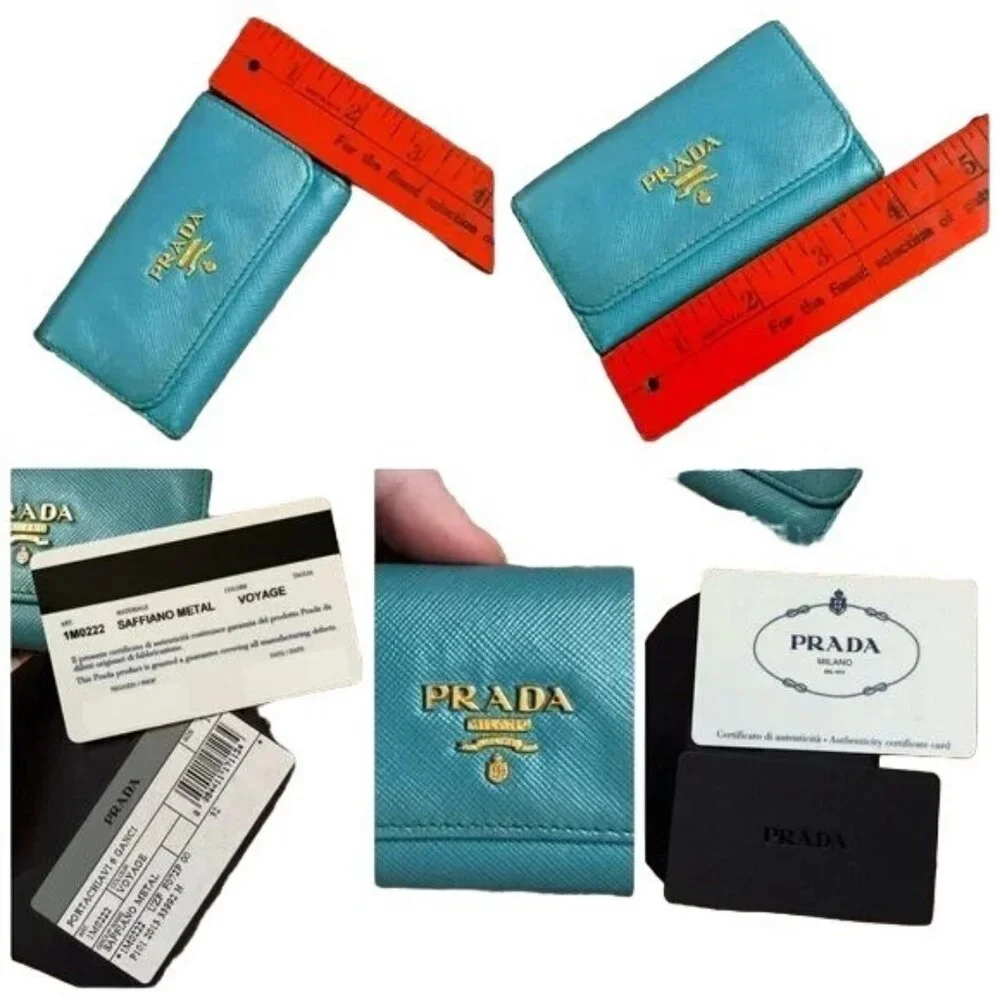 PRADA Voyager Italian Saffiano Leather Metal 6 Key Holder Cobalt Turquoise Blue